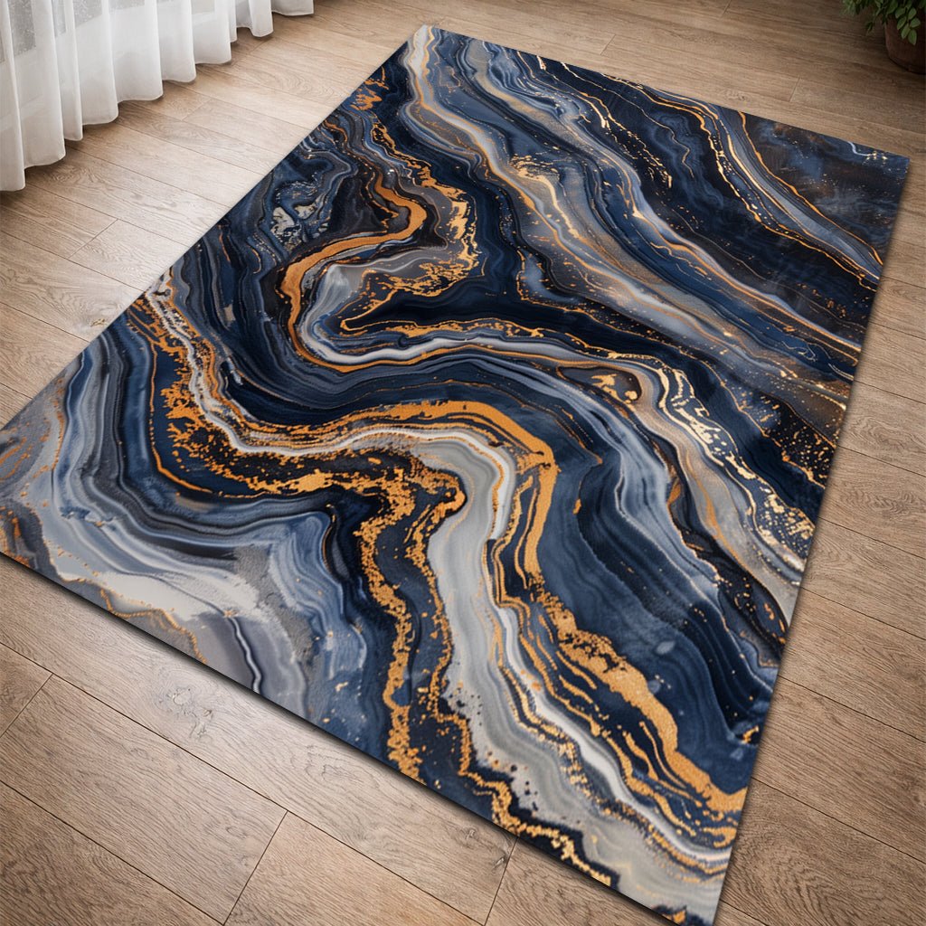 Lüks Mermer Halı - Lacivert Gri Altın Akışkan Desenli - Halı - Line Home