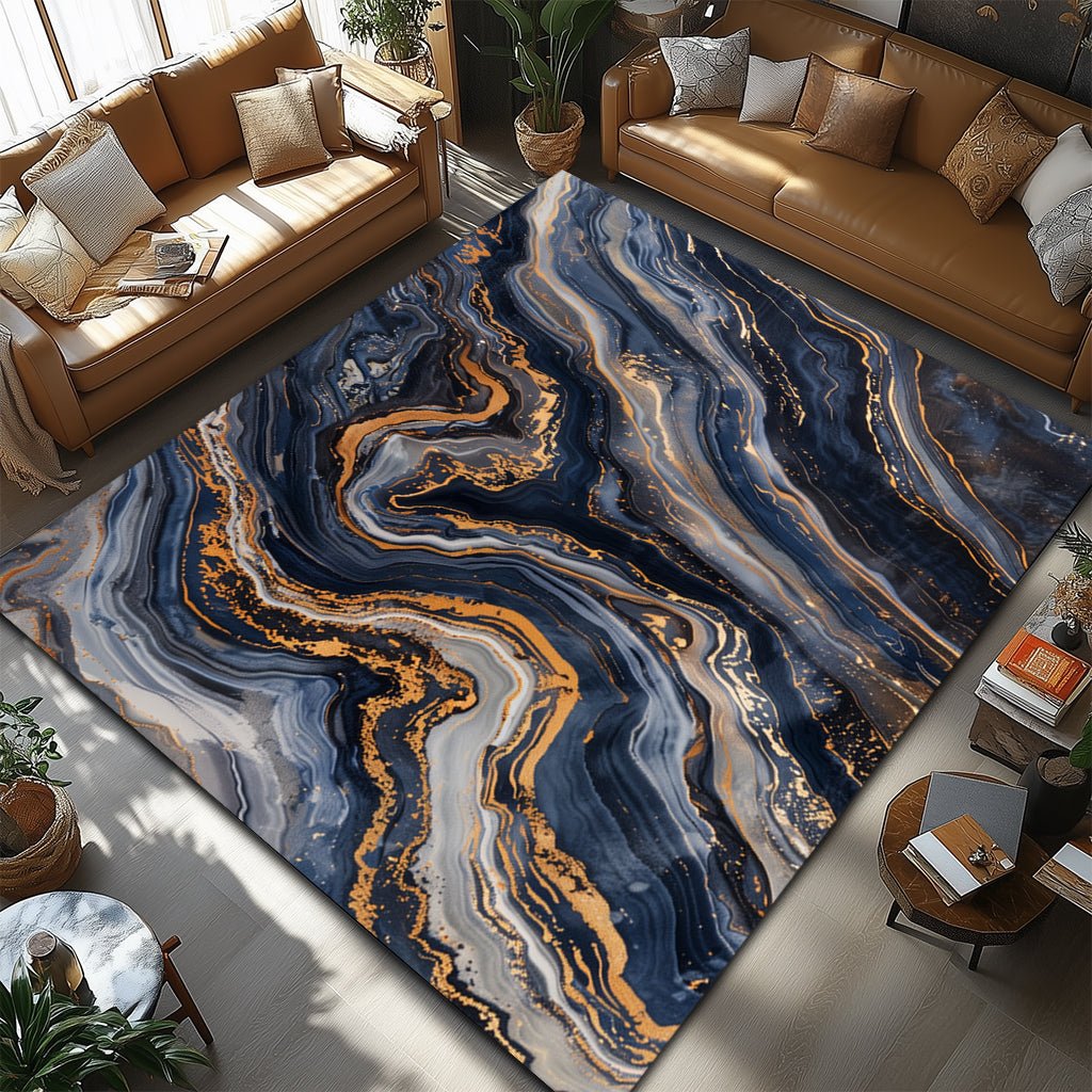 Lüks Mermer Halı - Lacivert Gri Altın Akışkan Desenli - Halı - Line Home
