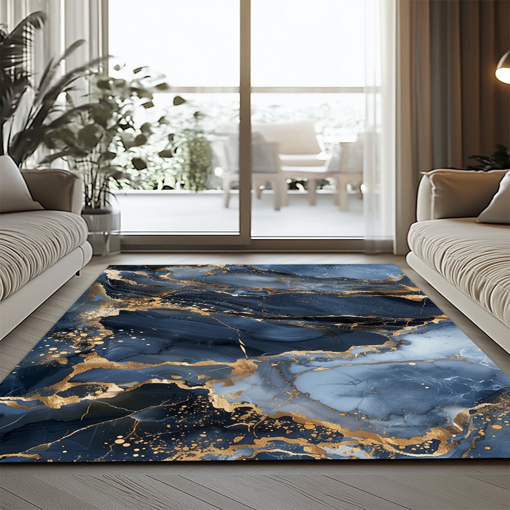 Lüks Mermer Halı - Lacivert Mavi Altın Damar Desenli - Halı - Line Home