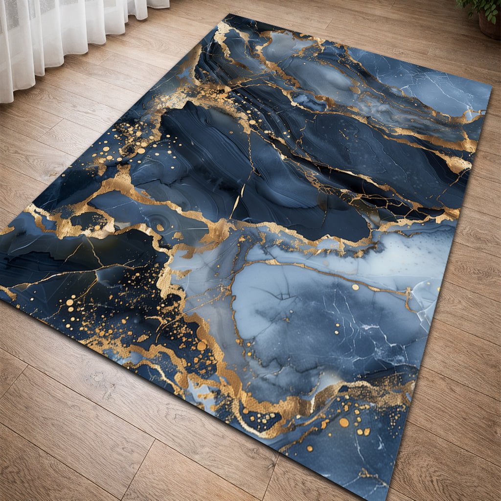Lüks Mermer Halı - Lacivert Mavi Altın Damar Desenli - Halı - Line Home