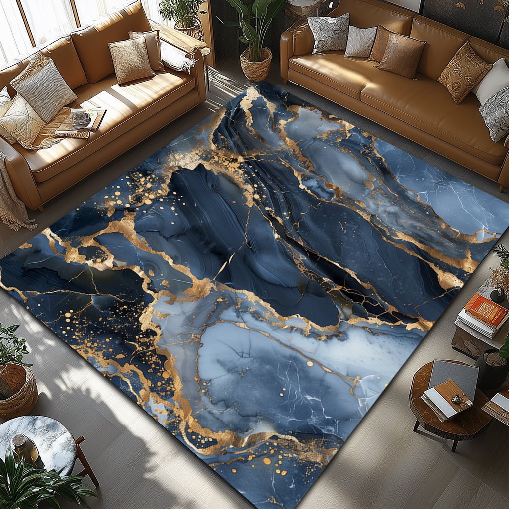 Lüks Mermer Halı - Lacivert Mavi Altın Damar Desenli - Halı - Line Home