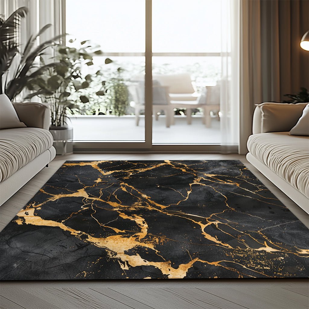 Lüks Mermer Halı - Siyah Altın Damar Desenli - Halı - Line Home