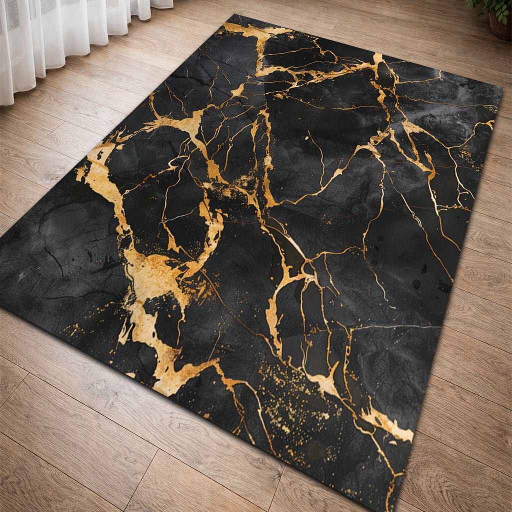 Lüks Mermer Halı - Siyah Altın Damar Desenli - Halı - Line Home