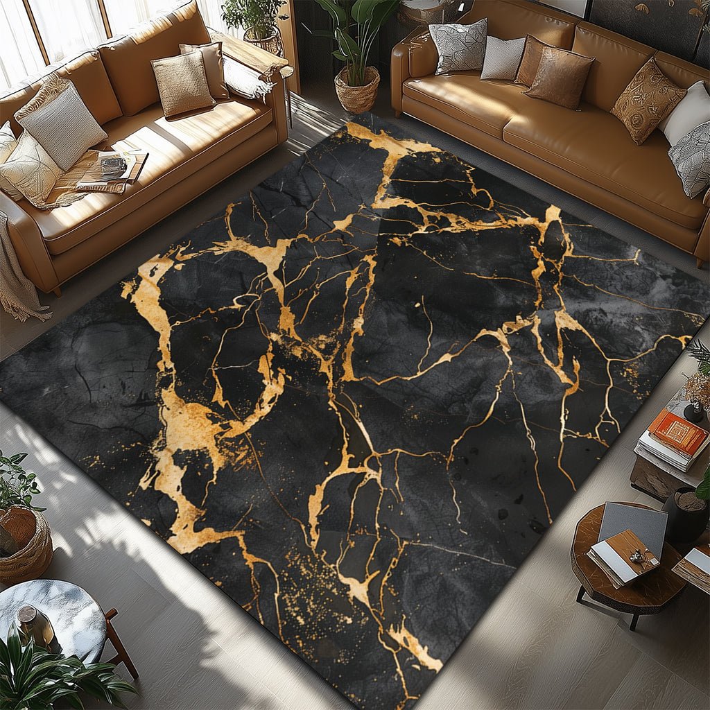 Lüks Mermer Halı - Siyah Altın Damar Desenli - Halı - Line Home