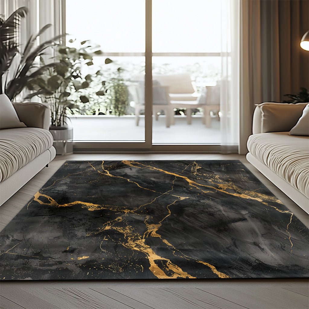 Lüks Mermer Halı - Siyah Gri Altın Damar Desenli - Halı - Line Home