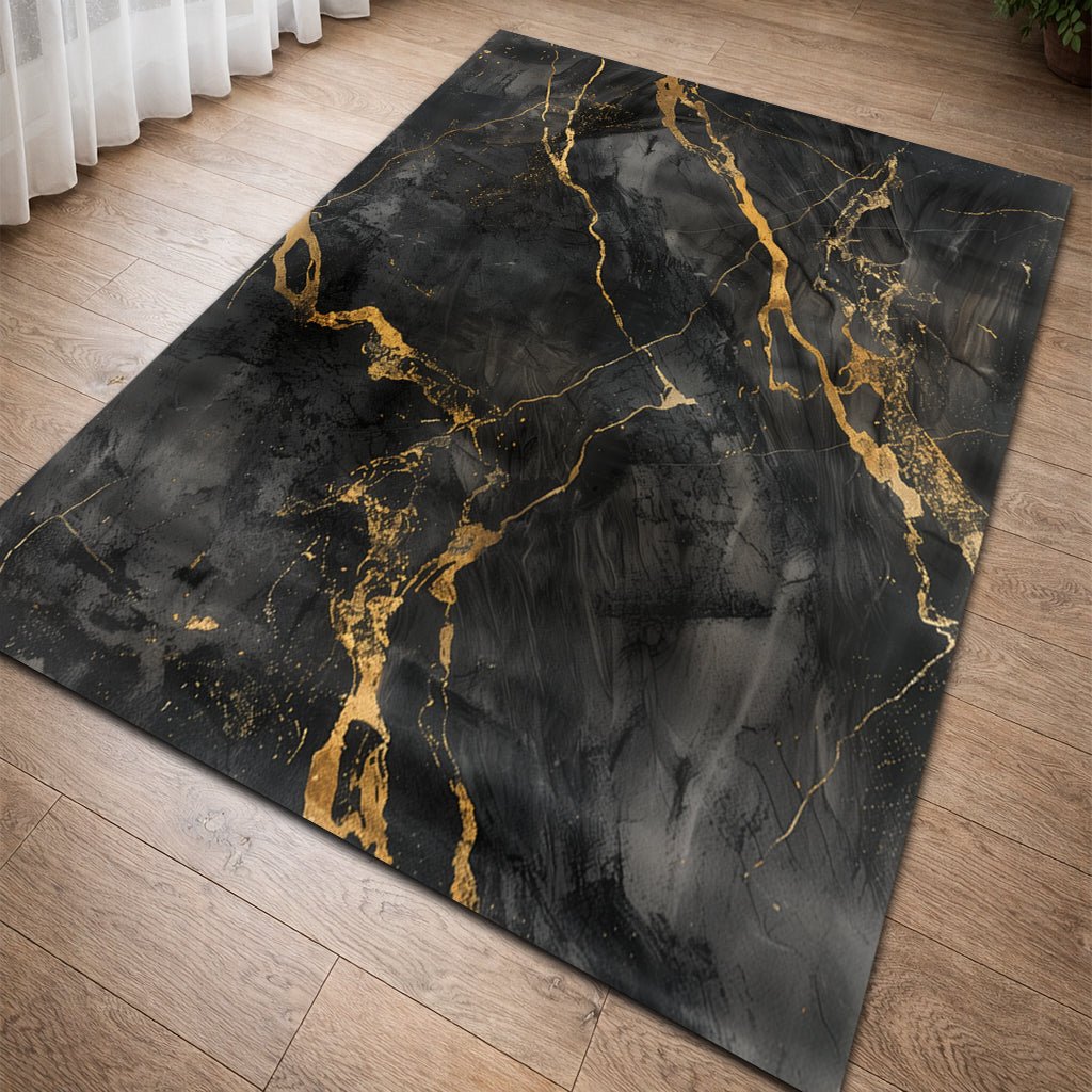 Lüks Mermer Halı - Siyah Gri Altın Damar Desenli - Halı - Line Home