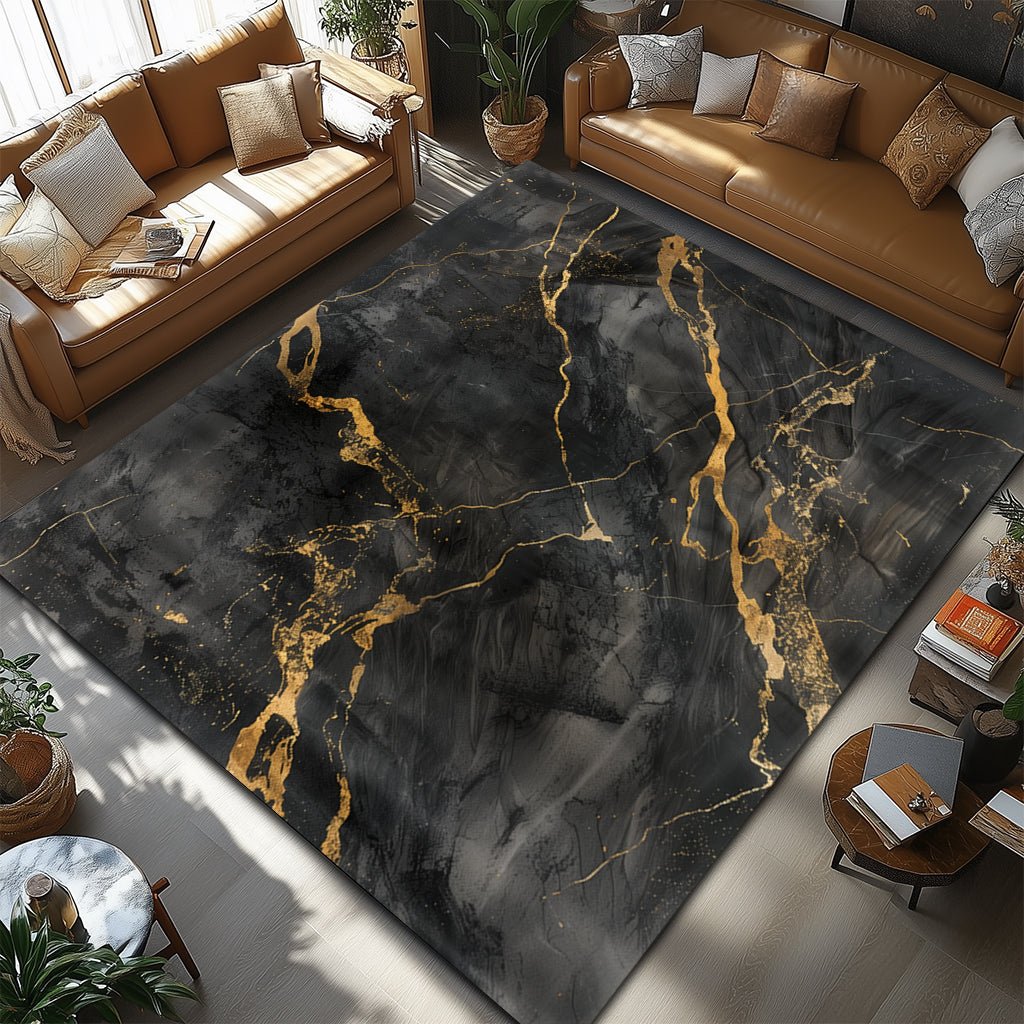 Lüks Mermer Halı - Siyah Gri Altın Damar Desenli - Halı - Line Home