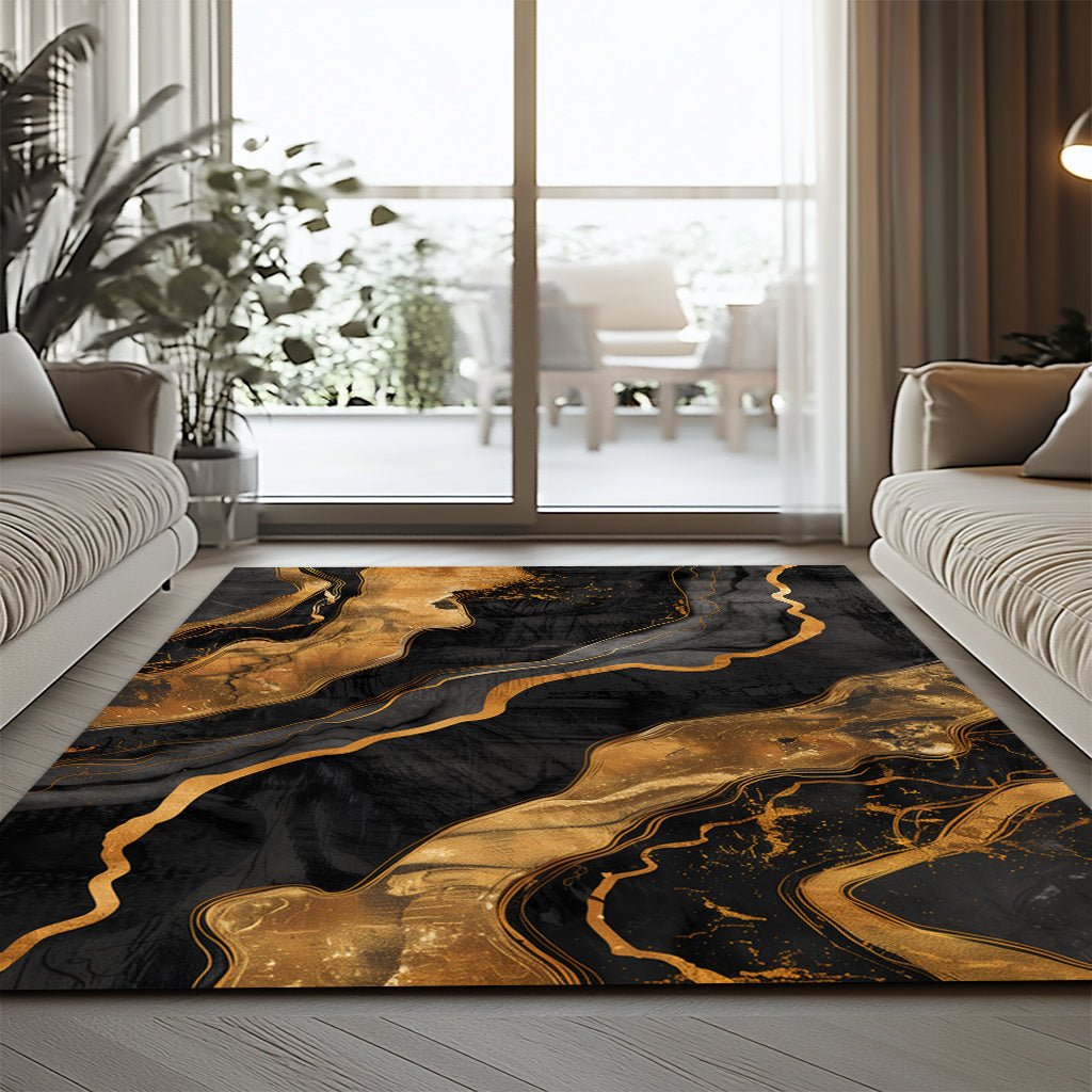 Lüks Soyut Halı - Siyah Altın Akışkan Desen - Halı - Line Home