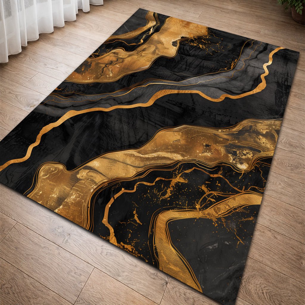 Lüks Soyut Halı - Siyah Altın Akışkan Desen - Halı - Line Home