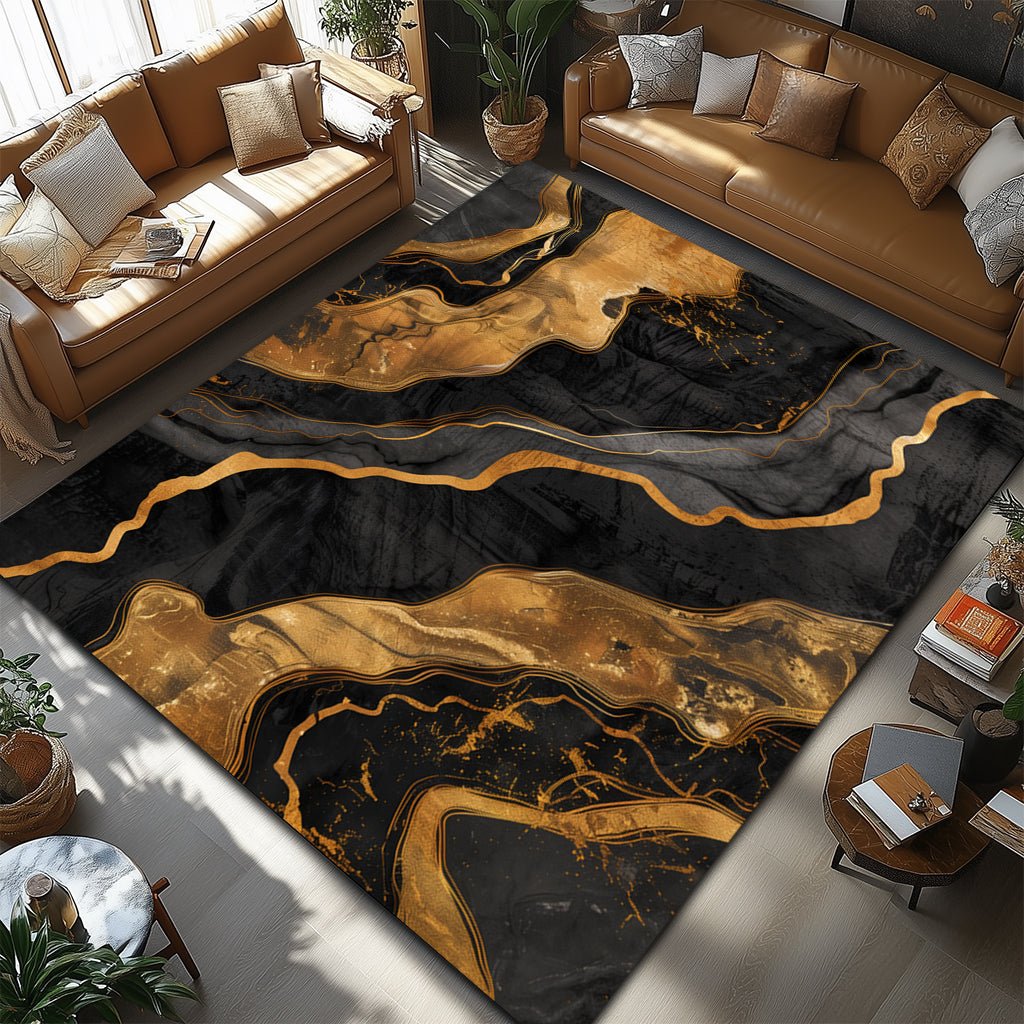 Lüks Soyut Halı - Siyah Altın Akışkan Desen - Halı - Line Home