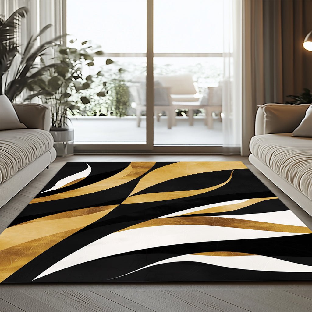 Modern Art Deco Halı - Siyah Altın Beyaz Dalgalar - Halı - Line Home