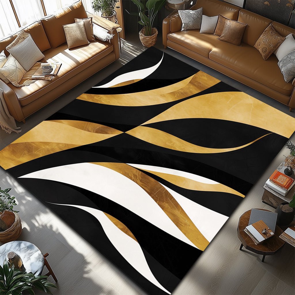 Modern Art Deco Halı - Siyah Altın Beyaz Dalgalar - Halı - Line Home