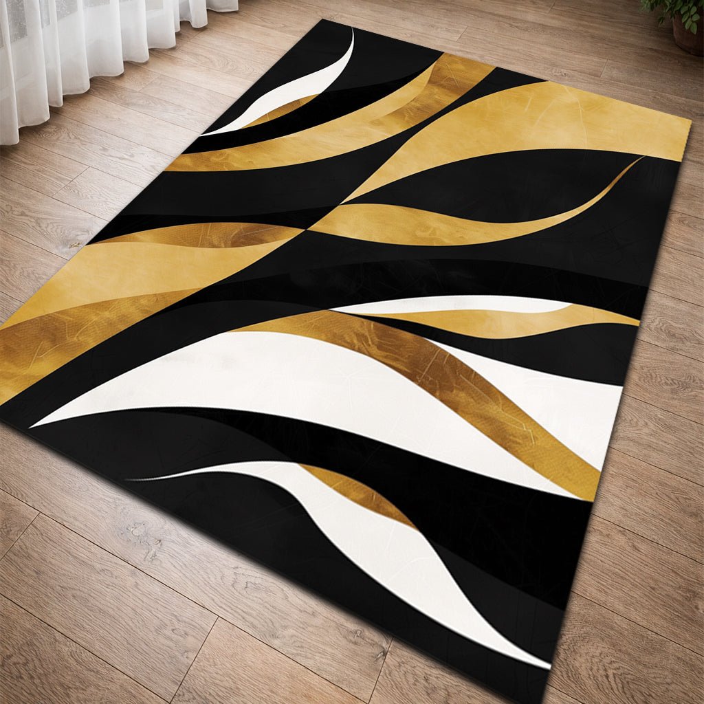 Modern Art Deco Halı - Siyah Altın Beyaz Dalgalar - Halı - Line Home