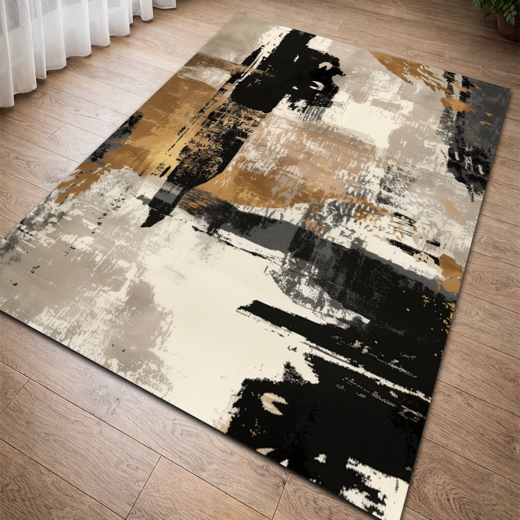 Modern Bej Siyah Soyut Desenli Halı – Dekoratif Şık Tasarım - Halı - Heaven Home Design