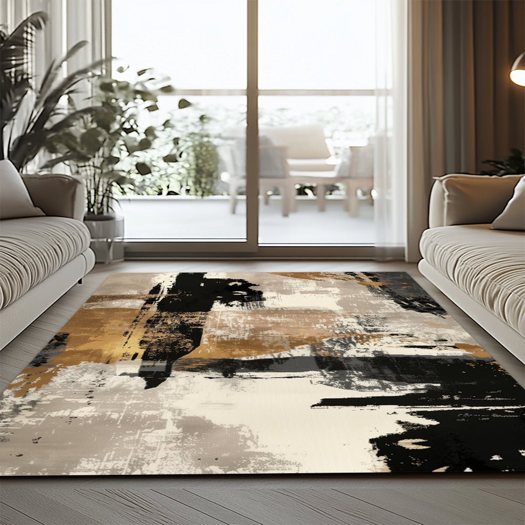 Modern Bej Siyah Soyut Desenli Halı – Dekoratif Şık Tasarım - Halı - Heaven Home Design