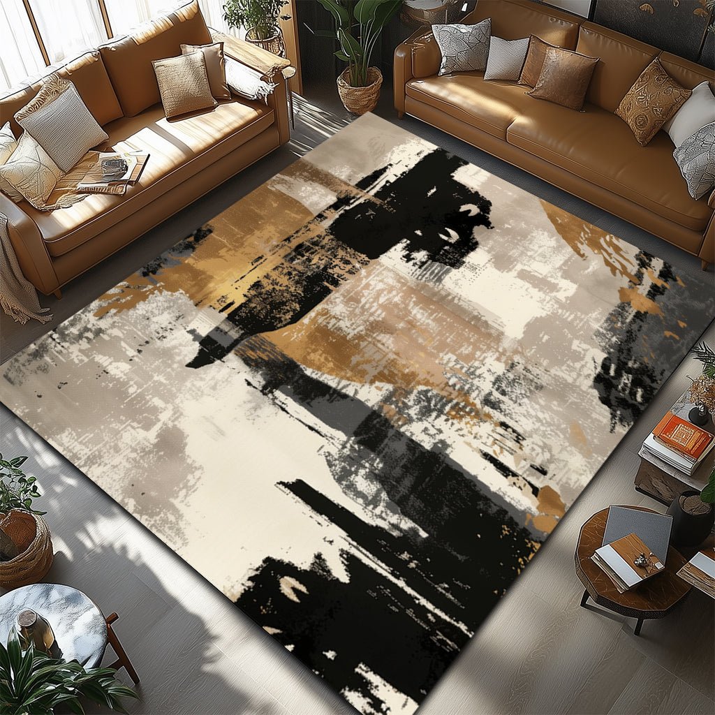 Modern Bej Siyah Soyut Desenli Halı – Dekoratif Şık Tasarım - Halı - Heaven Home Design