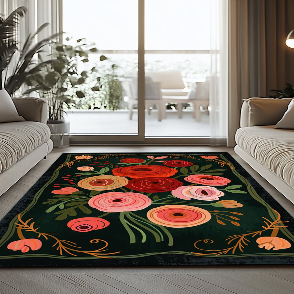 Modern Çiçek Bahçesi Halısı - Yeşil Kırmızı Turuncu - Halı - Line Home