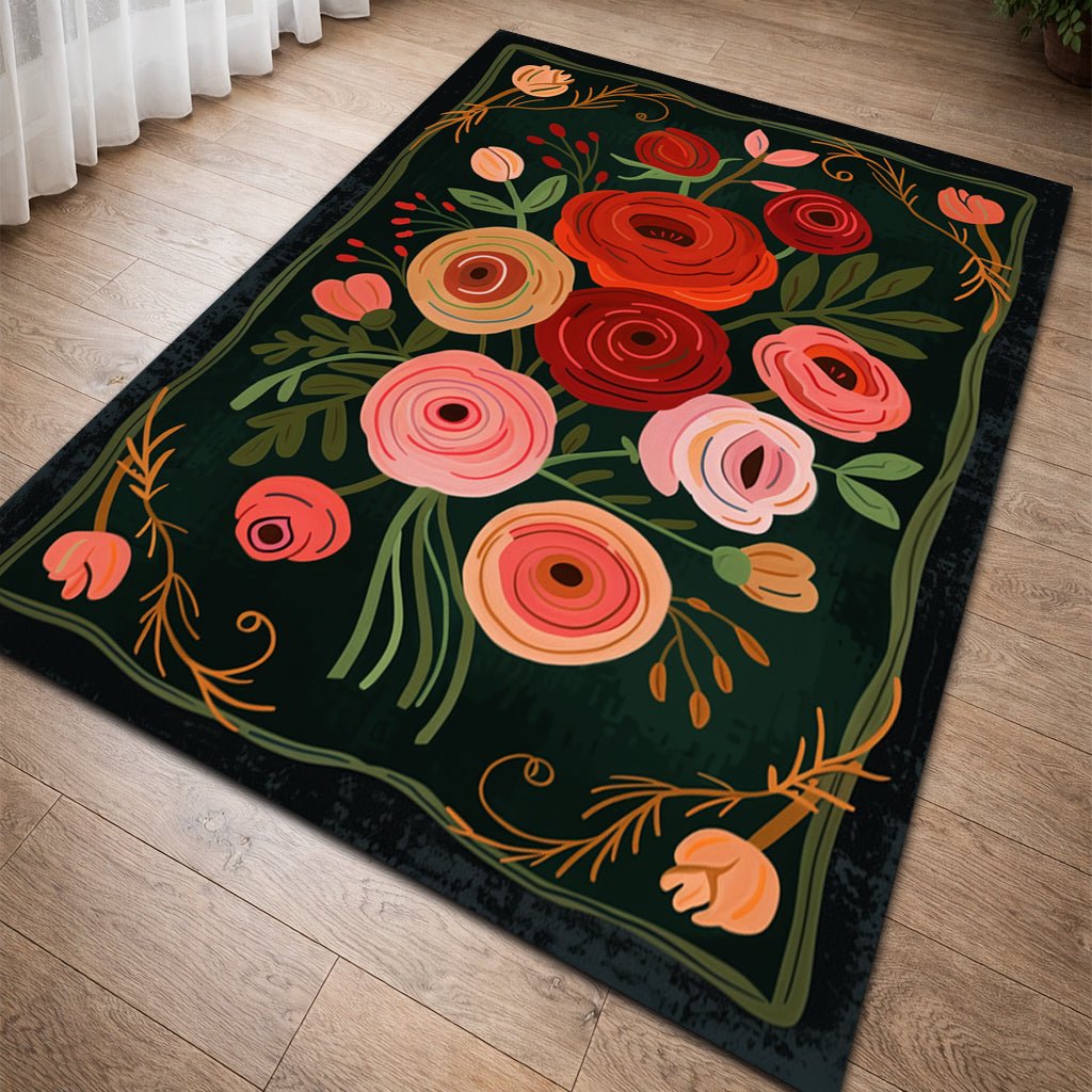 Modern Çiçek Bahçesi Halısı - Yeşil Kırmızı Turuncu - Halı - Line Home