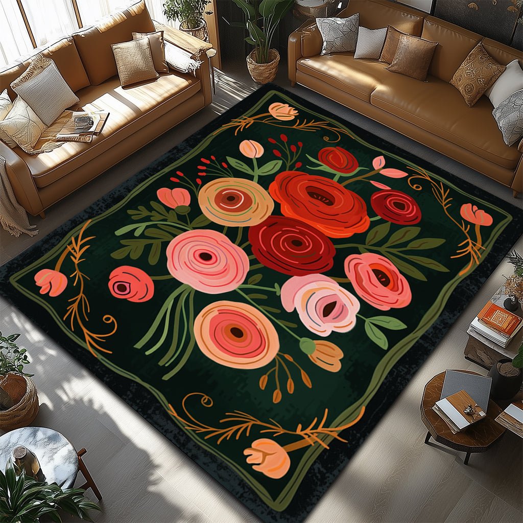 Modern Çiçek Bahçesi Halısı - Yeşil Kırmızı Turuncu - Halı - Line Home