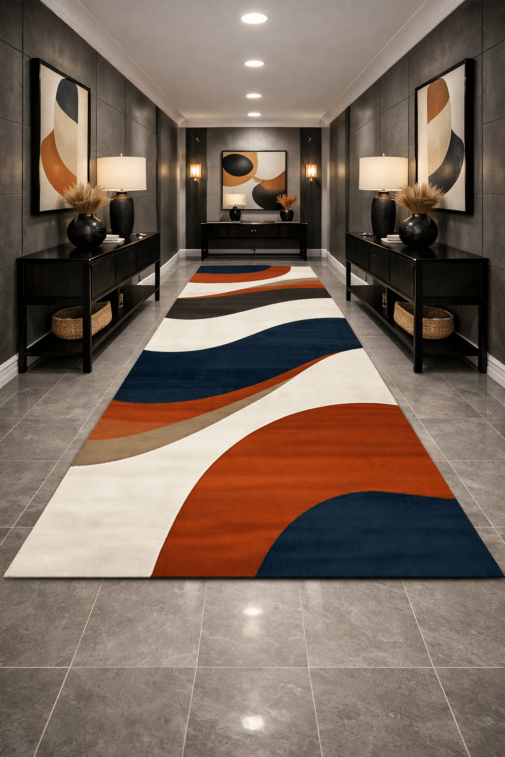 Modern Koridor Halısı - Turuncu Lacivert Dalgalı Şeritler - Halı - Line Home