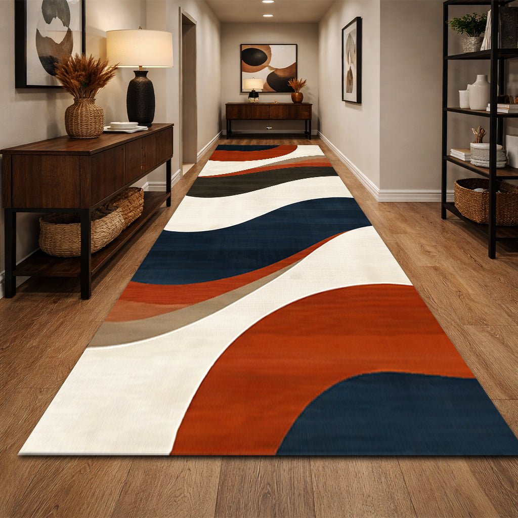 Modern Koridor Halısı - Turuncu Lacivert Dalgalı Şeritler - Halı - Line Home