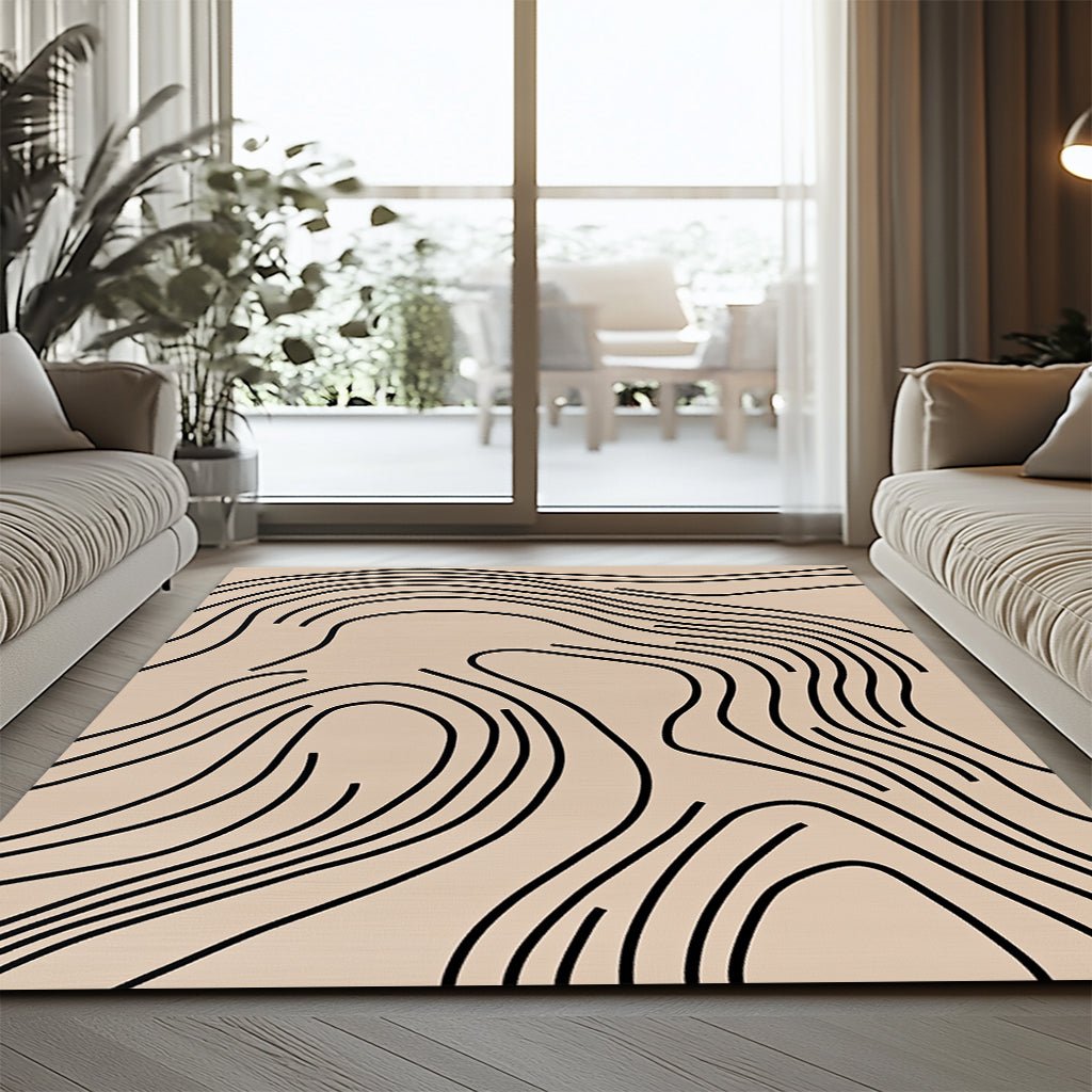 Modern Minimalist Halı - Bej Siyah Çizgili Desenli - Halı - Line Home
