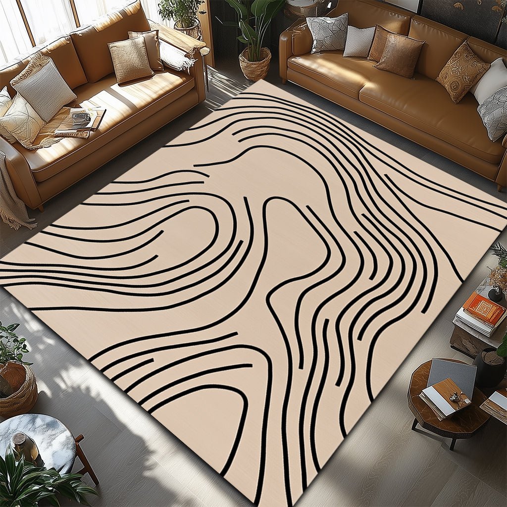 Modern Minimalist Halı - Bej Siyah Çizgili Desenli - Halı - Line Home
