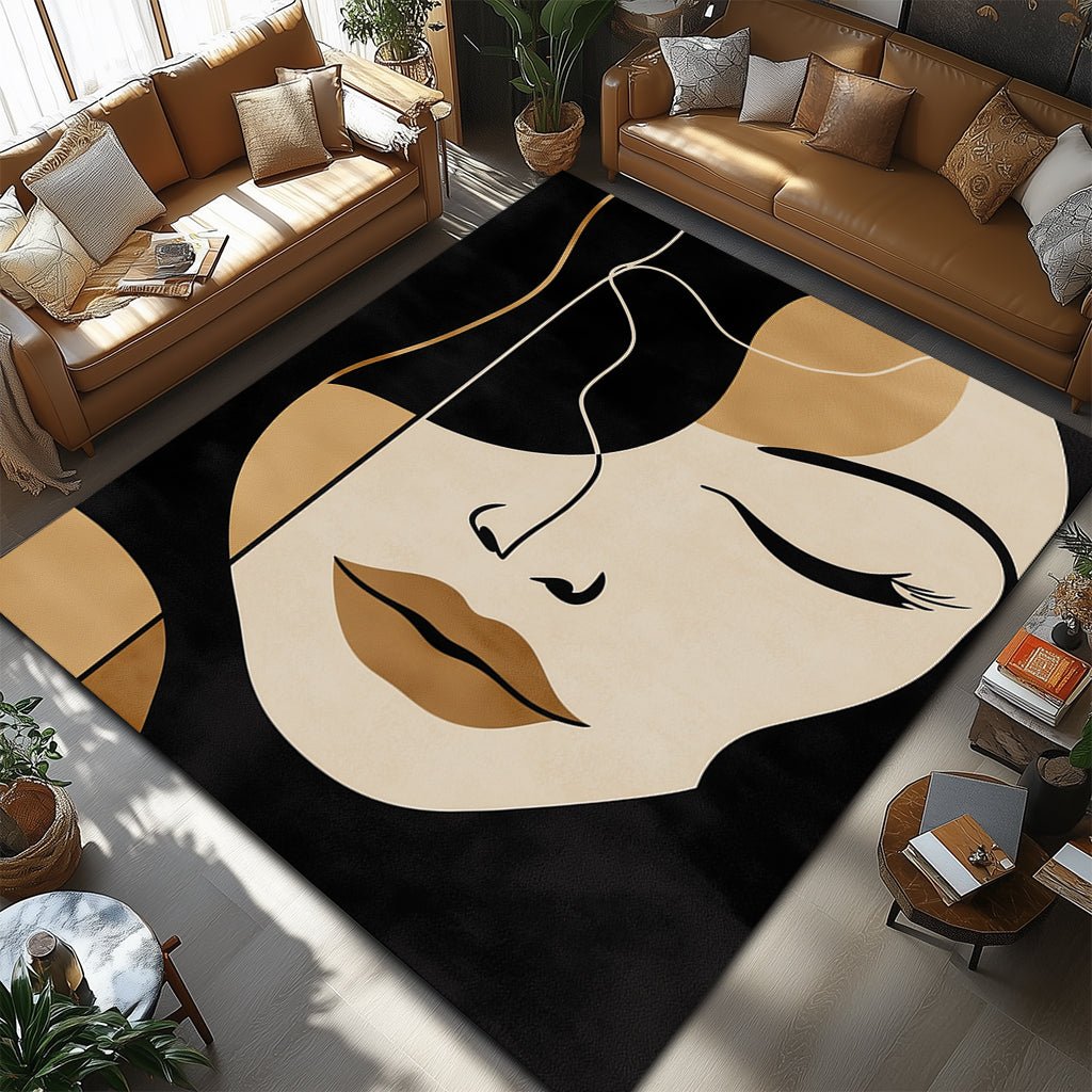 Modern Sanat Halı - Siyah Bej Altın Kadın Portresi - Halı - Line Home