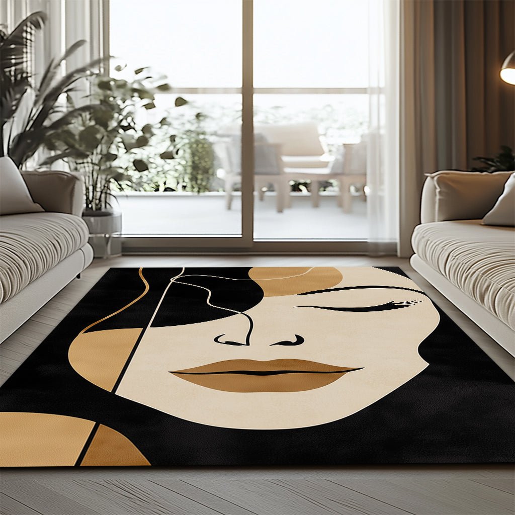 Modern Sanat Halı - Siyah Bej Altın Kadın Portresi - Halı - Line Home