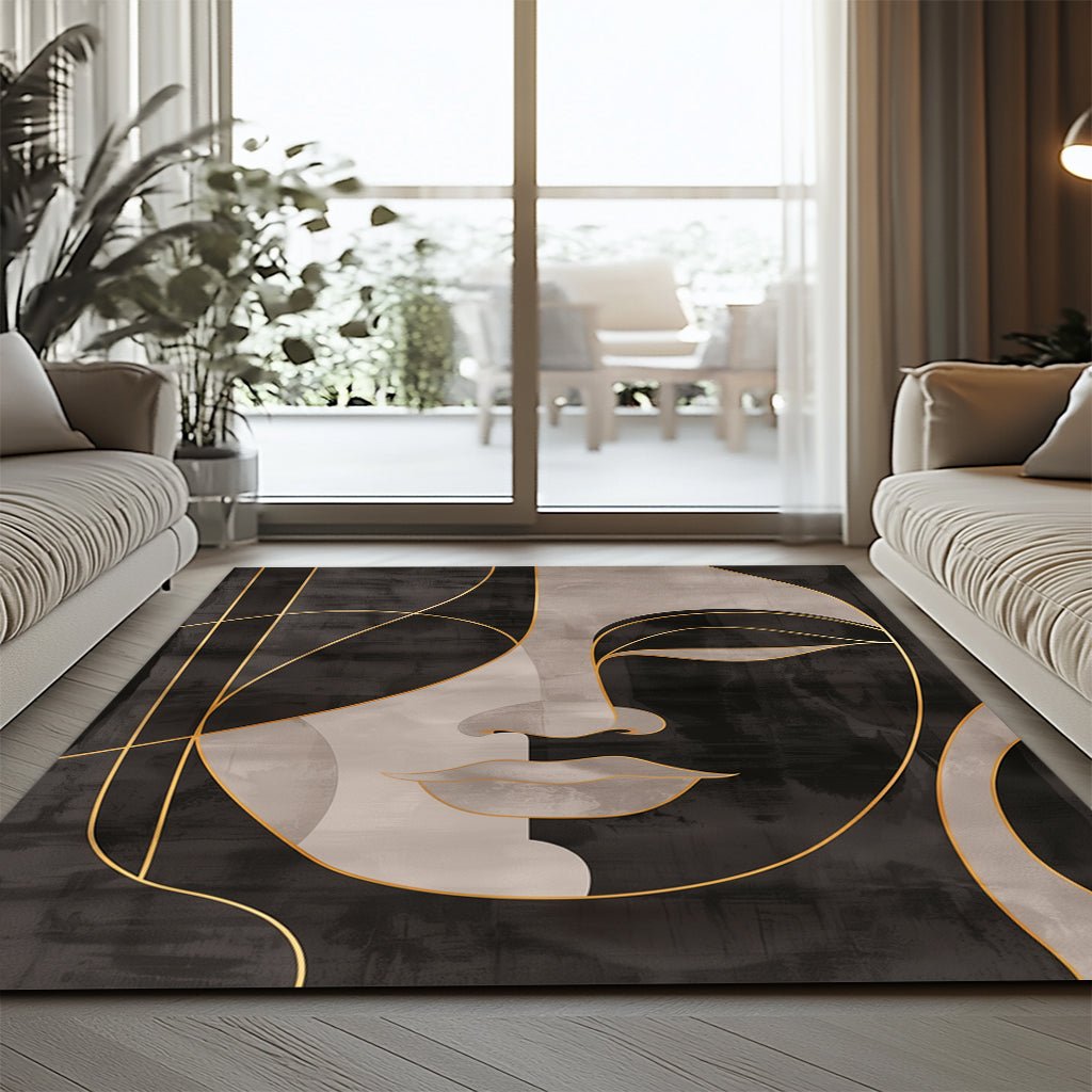 Modern Sanat Halı - Siyah Bej Altın Yüz Portresi - Halı - Line Home