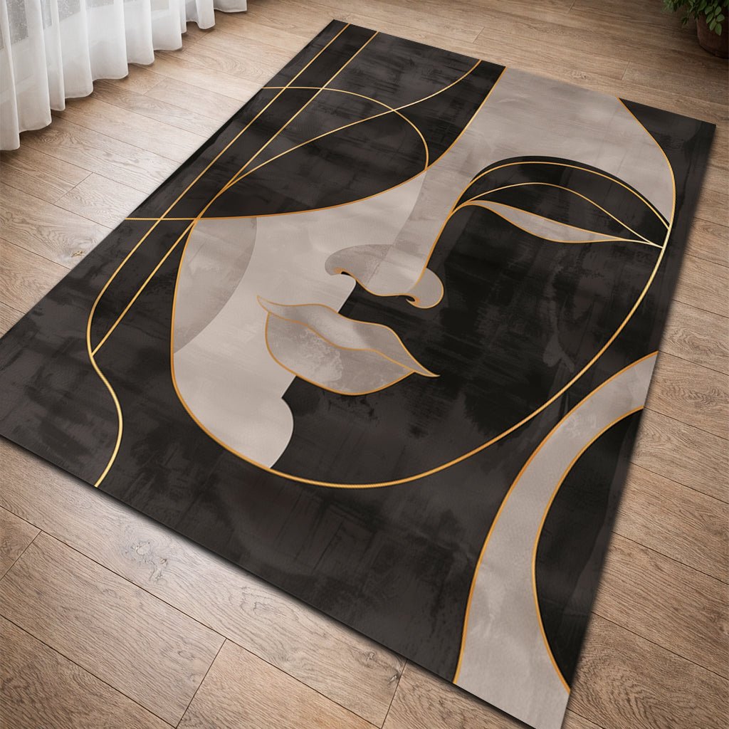 Modern Sanat Halı - Siyah Bej Altın Yüz Portresi - Halı - Line Home