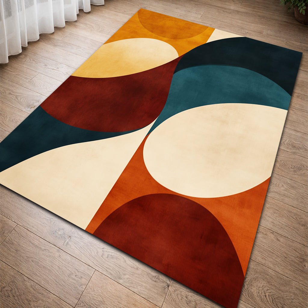 Retro Modern Halı - Turuncu Bordo Petrol Desenli - Halı - Line Home