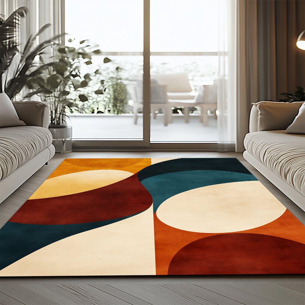 Retro Modern Halı - Turuncu Bordo Petrol Desenli - Halı - Line Home