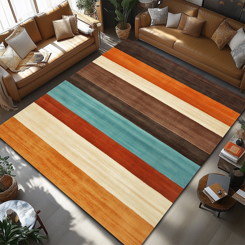Retro Modern Halı - Turuncu Turkuaz Kahverengi Şeritli - Halı - Line Home