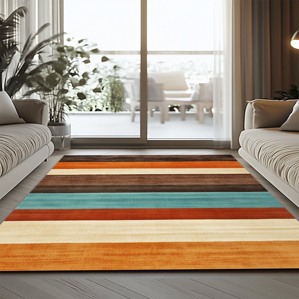 Retro Modern Halı - Turuncu Turkuaz Kahverengi Şeritli - Halı - Line Home