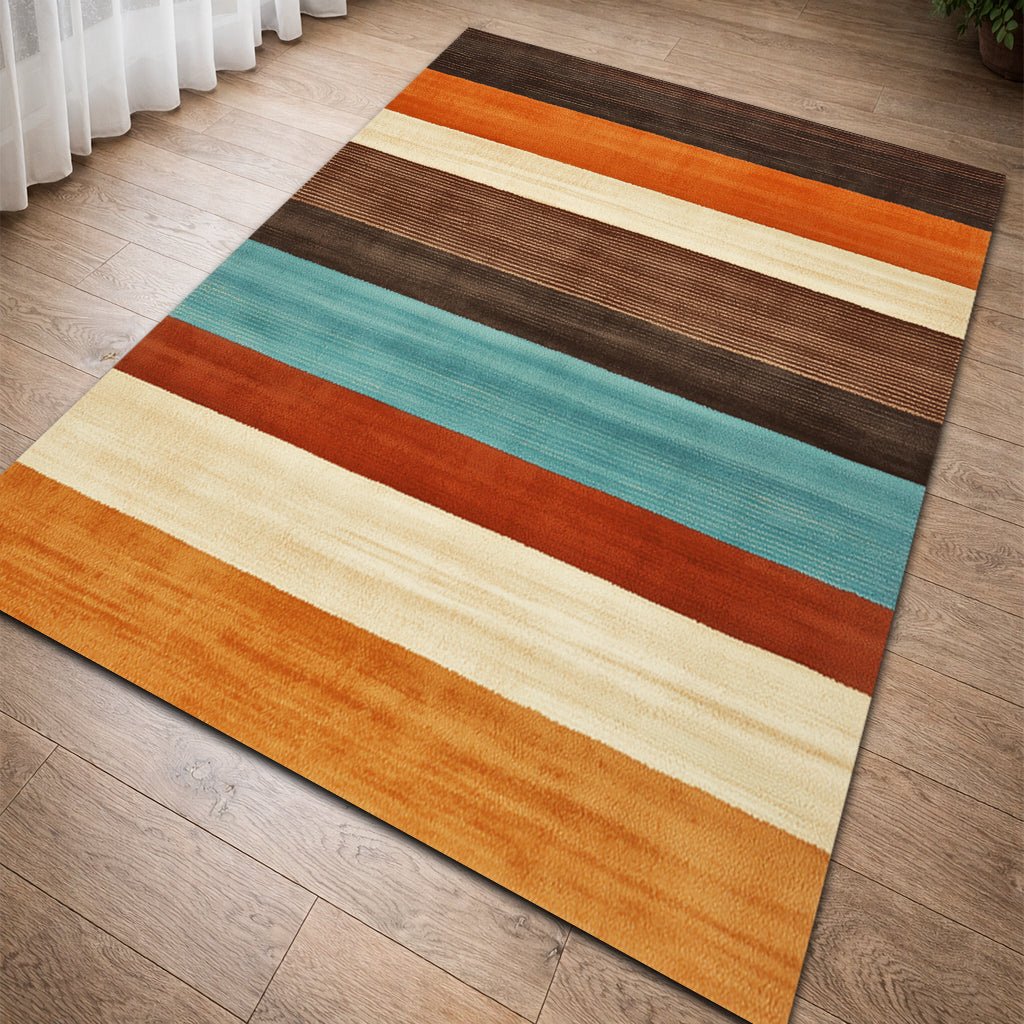 Retro Modern Halı - Turuncu Turkuaz Kahverengi Şeritli - Halı - Line Home