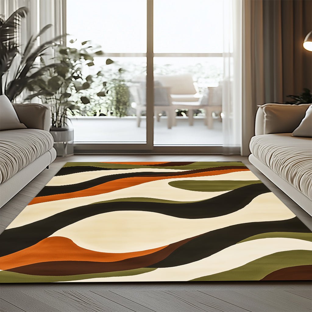 Retro Modern Halı - Turuncu Yeşil Dalgalı Desenli - Halı - Line Home