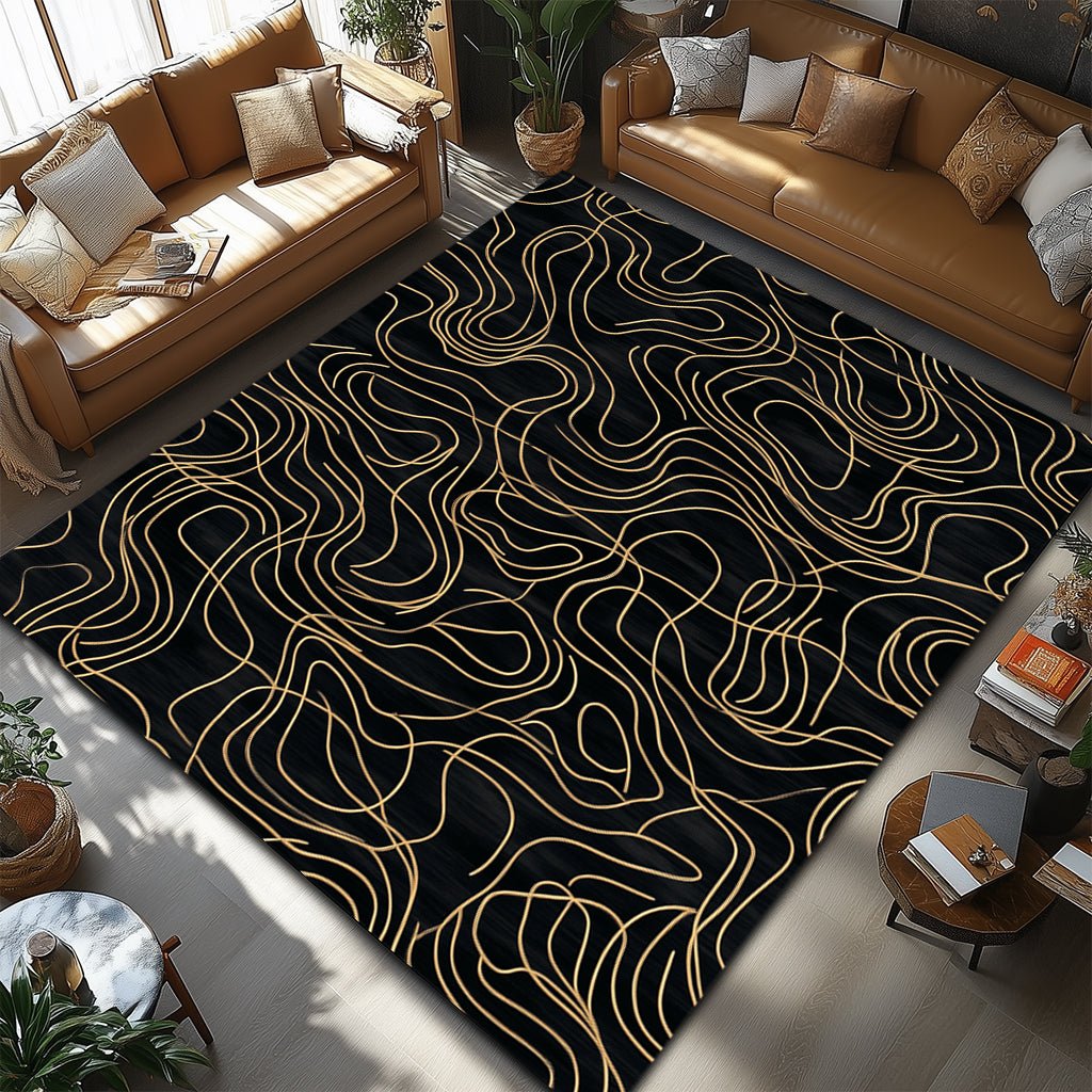 Siyah Gold Akışkan Çizgi Desenli Halı – Lüks Modern Dekorasyon - Halı - Heaven Home Design