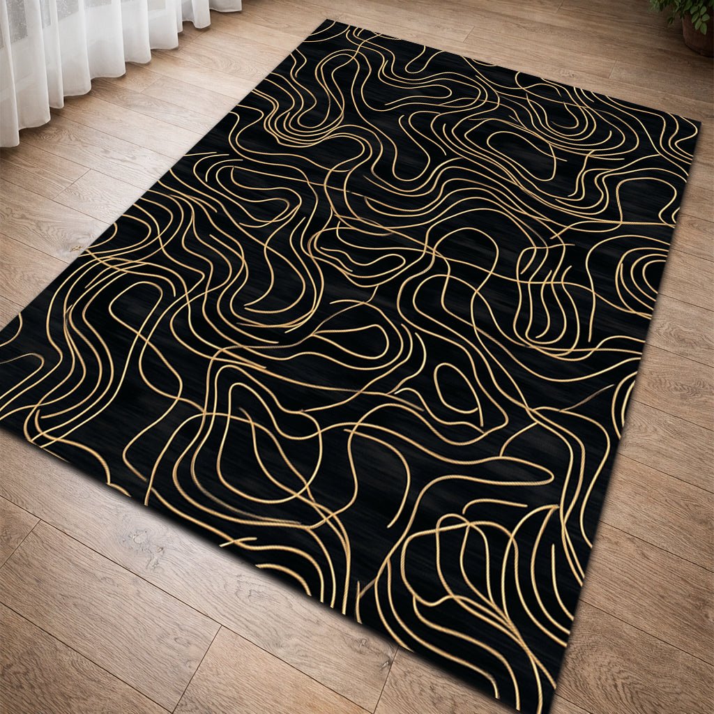Siyah Gold Akışkan Çizgi Desenli Halı – Lüks Modern Dekorasyon - Halı - Heaven Home Design