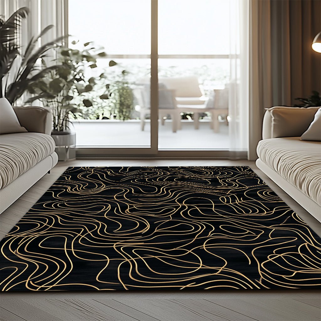 Siyah Gold Akışkan Çizgi Desenli Halı – Lüks Modern Dekorasyon - Halı - Heaven Home Design