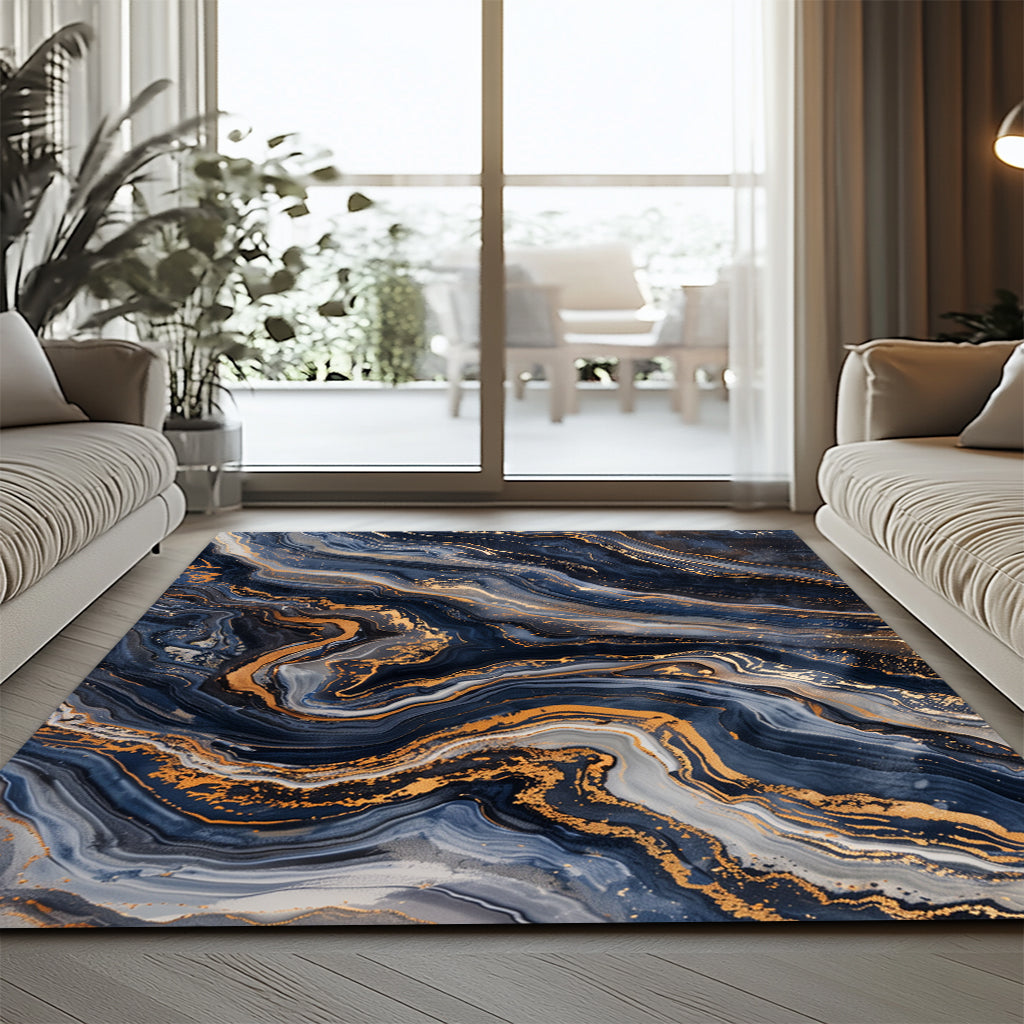 Lüks Mermer Halı - Lacivert Gri Altın Akışkan Desenli